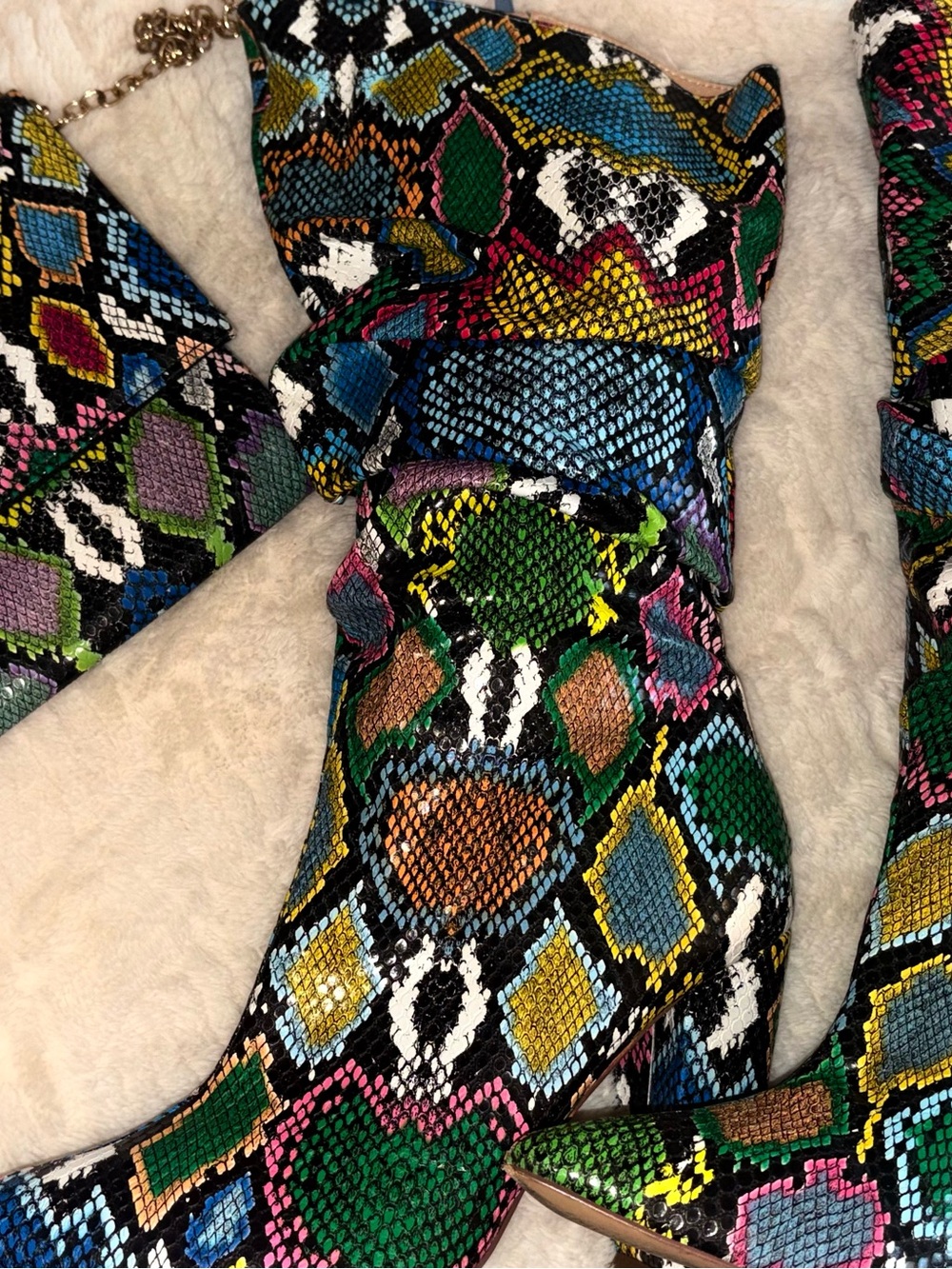 Women’s Multicolor Snake-Print Heeled Boots - Green/Blue/Pink